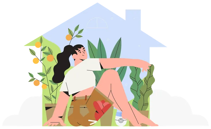 Girl Or Woman In A House Or Flat Meditating And Enjoing Beautiful House Plants Growing In Pots And Portable Humidifier Device On Floor That Moisturing Air In A Room Home Garden Or Greenhouse Concept Illustration