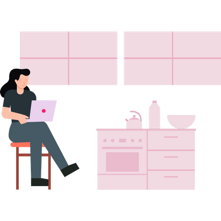 Girl sitting in kitchen using laptop  Illustration