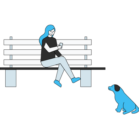 Girl sitting in park bench and using smartphone Illustration