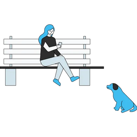 The Girl Is Sitting On The Bench Using Her Mobile Phone Illustration