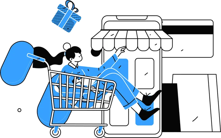 Girl sitting in shopping cart while doing online shopping  Illustration