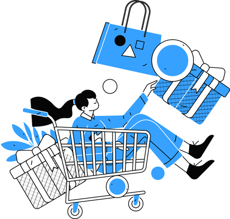 Girl sitting in shopping cart while getting shopping rewards  Illustration