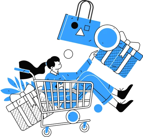 Girl sitting in shopping cart while getting shopping rewards  Illustration