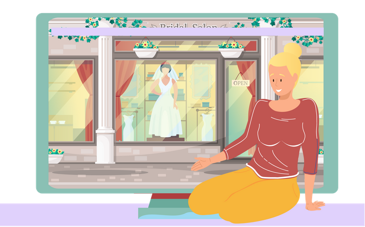 Girl sitting near bridal salon storefront Illustration