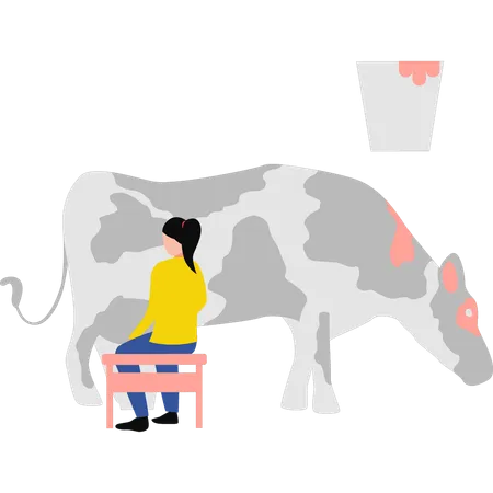 Girl sitting next to the cow  Illustration