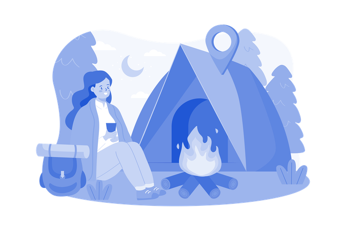 Girl Sitting Next To Wood Fire  Illustration