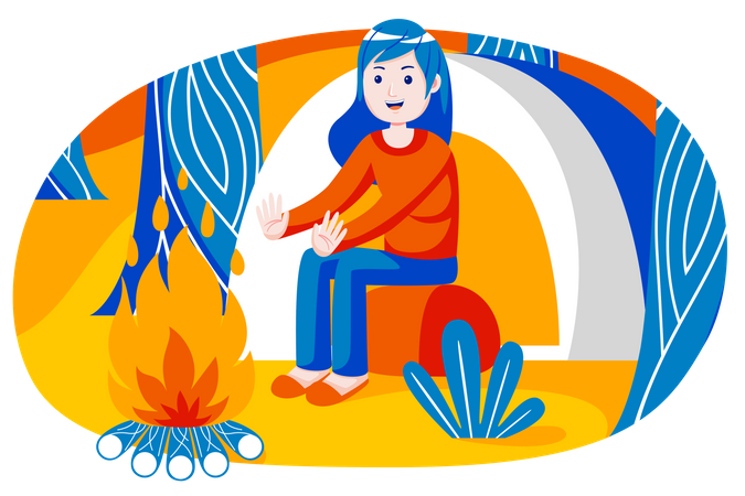 Girl sitting next to wood fire Illustration