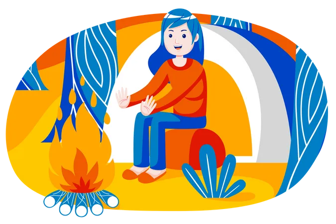 Girl sitting next to wood fire  Illustration