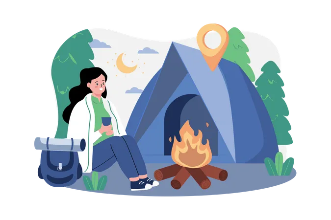Girl sitting next to wood fire  Illustration
