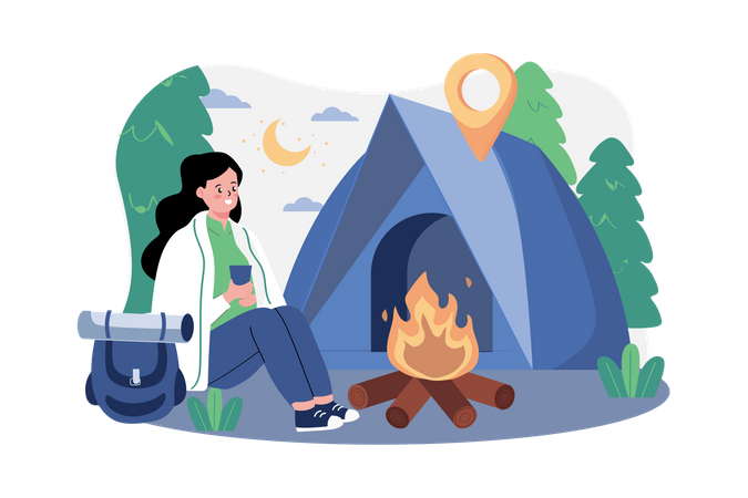 Girl sitting next to wood fire  Illustration