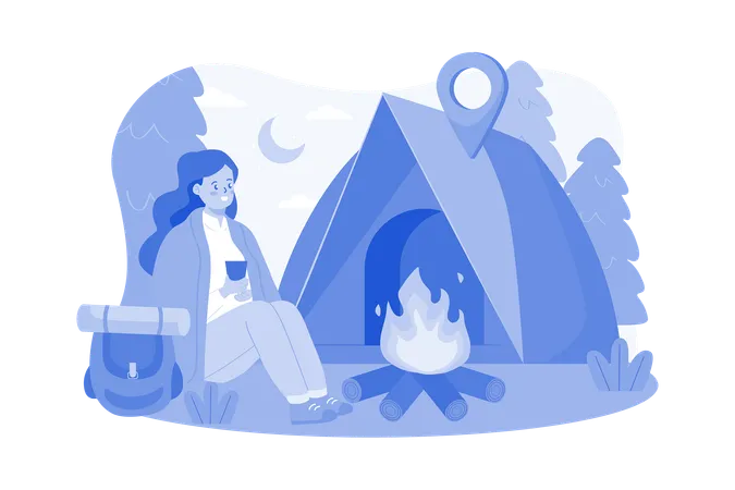 Girl Sitting Next To Wood Fire  Illustration