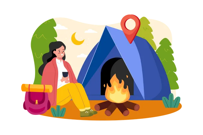 Girl sitting next to wood fire  Illustration