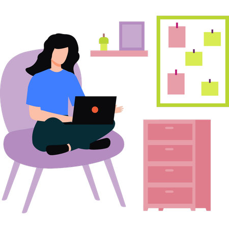 Girl sitting on a chair is working on a laptop  イラスト