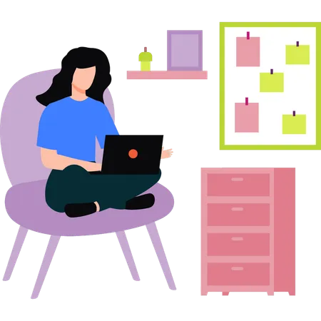 Girl sitting on a chair is working on a laptop  イラスト