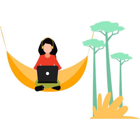 Girl Sitting On A Hammock Swing Using Laptop  Illustration