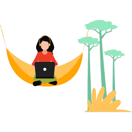 Girl Sitting On A Hammock Swing Using Laptop  Illustration