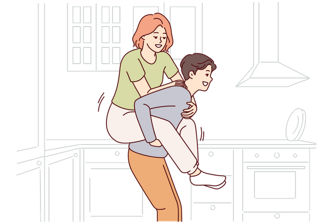 Girl sitting on back of man  Illustration