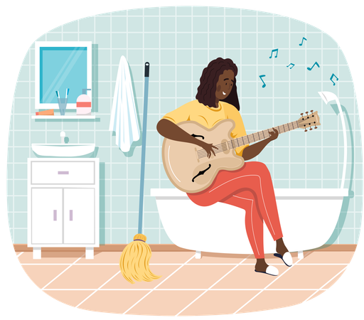 Girl sitting on bathtub in bathroom with guitar  Illustration