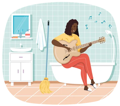 Girl sitting on bathtub in bathroom with guitar  Illustration