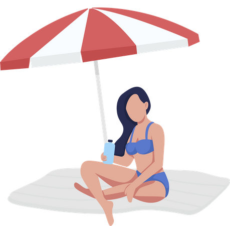 Girl sitting on beach under umbrella  Illustration