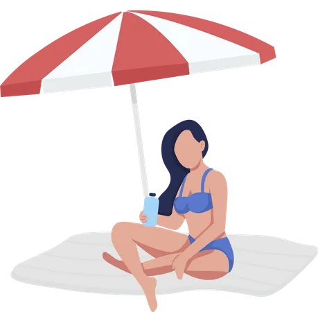 Girl Sitting On Beach Under Umbrella Semi Flat Color Vector Character Full Body Person On White Protect Skin From Sunlight Isolated Modern Cartoon Style Illustration For Graphic Design And Animation Illustration