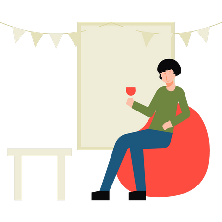 Girl sitting on beanbag while drinking wine Illustration