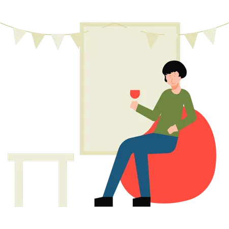 Girl sitting on beanbag while drinking wine  イラスト