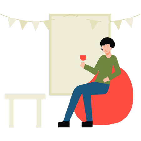 Girl sitting on beanbag while drinking wine  Illustration