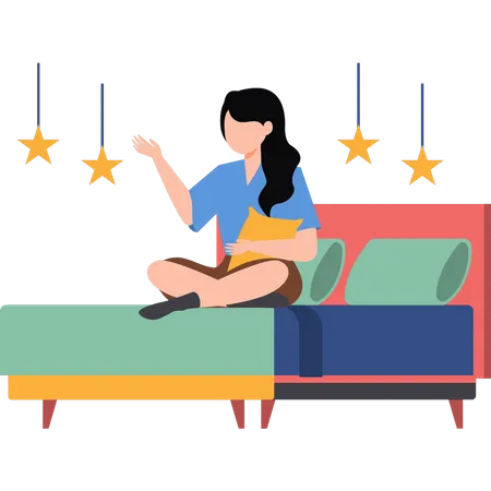 The Girl Is Sitting On The Bed Illustration