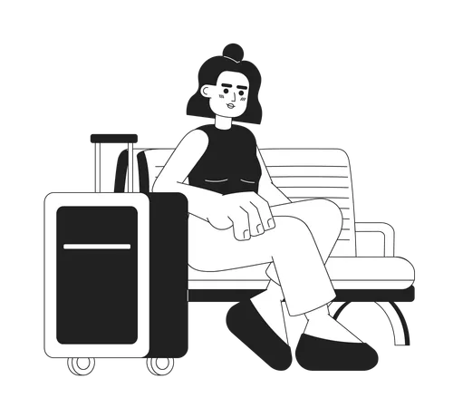 Latinamerican Girl With Luggage Sitting Monochromatic Flat Vector Character Editable Full Body Person Going On Vacation On White Simple Bw Cartoon Spot Image For Web Graphic Design Illustration