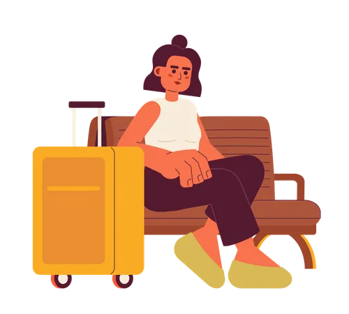 Girl sitting on bench with luggage  Illustration