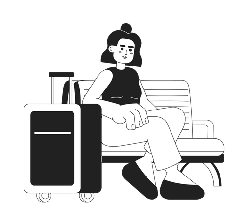 Girl sitting on bench with luggage  Illustration