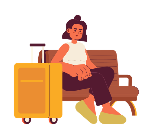 Girl sitting on bench with luggage  Illustration