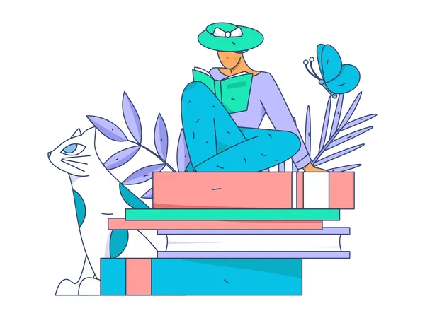 Girl sitting on book and preparing for exam  Illustration