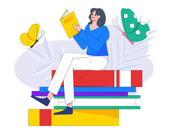 Girl sitting on book and preparing for examination  Illustration