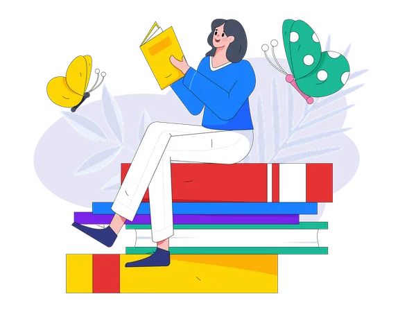 Girl sitting on book and preparing for examination  Illustration