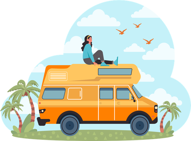 Girl sitting on camping van  Illustration