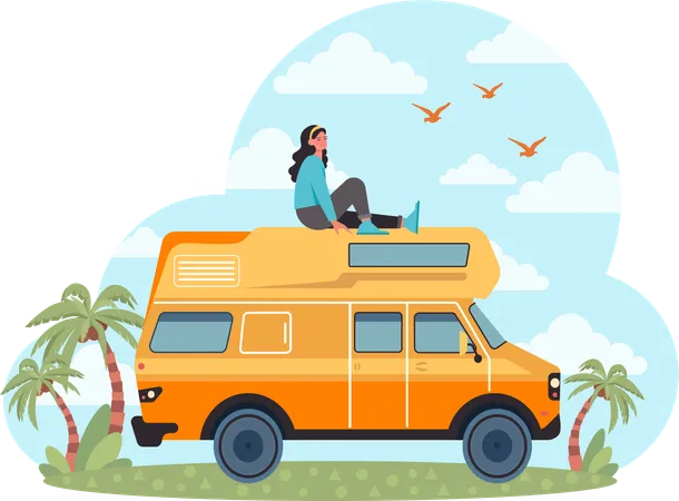 Girl sitting on camping van  Illustration