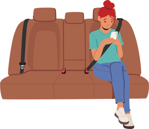 Girl Sitting On Car Seat with Smartphone Illustration