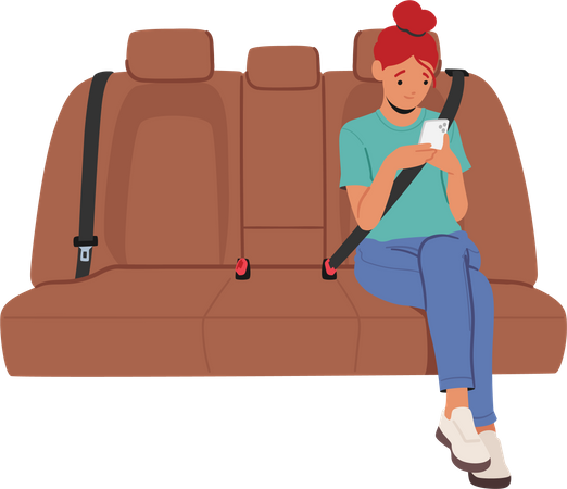 Girl Sitting On Car Seat with Smartphone  Illustration