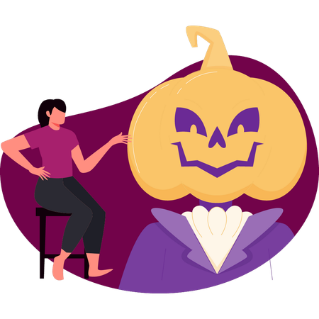 Girl sitting on chair looking at pumpkin head  Illustration