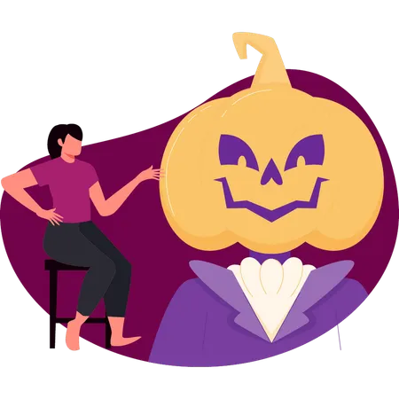 Girl sitting on chair looking at pumpkin head  Illustration