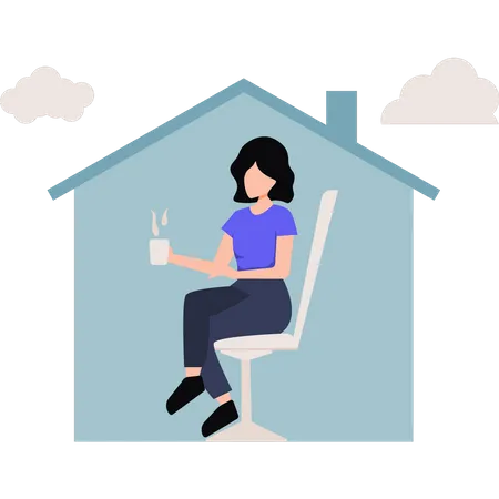 Girl sitting on chair with cup of tea  Illustration