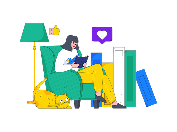 Girl sitting on couch and reading book  Illustration