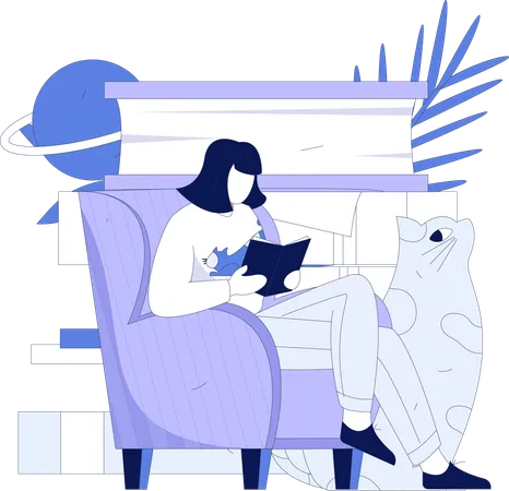 Girl sitting on couch and reading book  Illustration