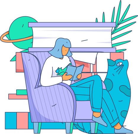 Girl sitting on couch and reading book  Illustration