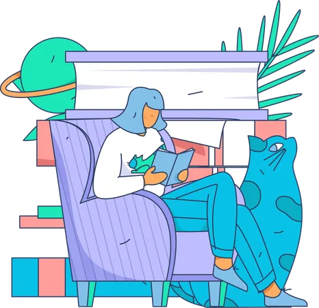 Girl sitting on couch and reading book  Illustration