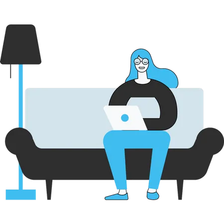 The Girl Is Sitting On The Sofa Using Her Laptop Illustration