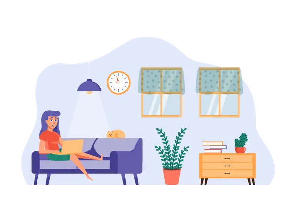 Girl sitting on couch doing freelancing Illustration