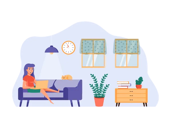 Girl sitting on couch doing freelancing  Illustration